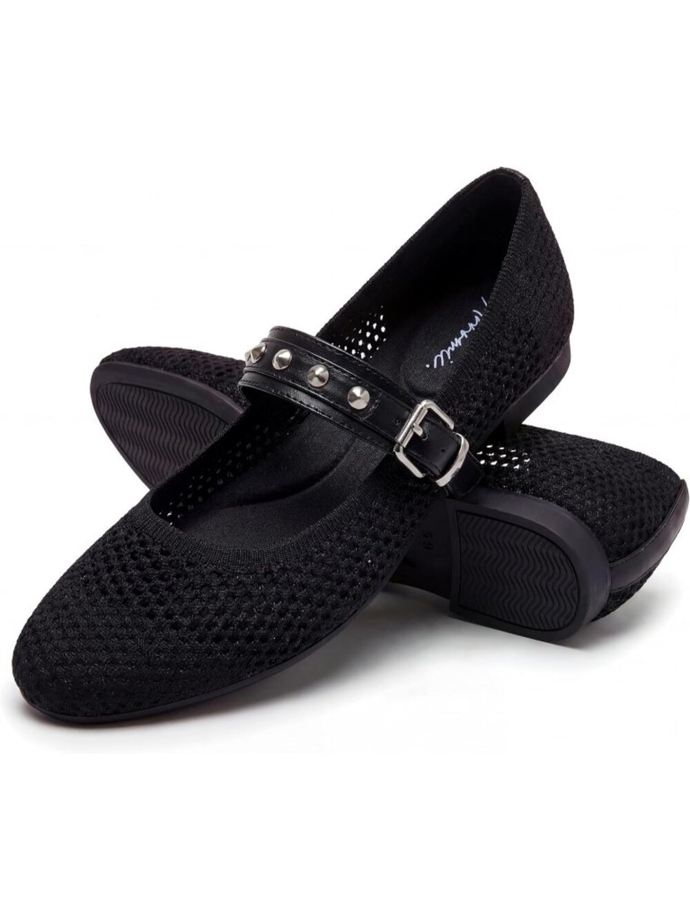 Women's Black Rubber Knit Ballet Flats Buckle Strap Washable Comfortable Shoes